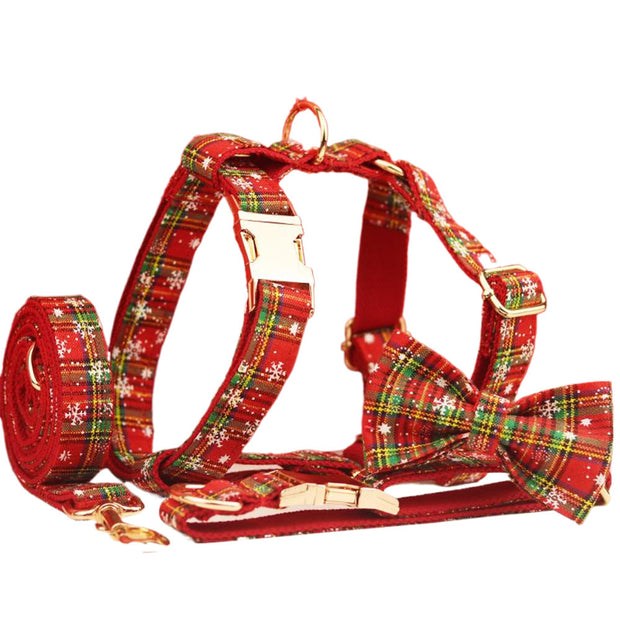 Red Background Snowflake Christmas Pet Collar Plaid Dog Rope Leash Suit Fashion Bowknot Flowers