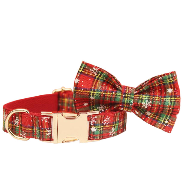 Red Background Snowflake Christmas Pet Collar Plaid Dog Rope Leash Suit Fashion Bowknot Flowers