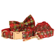 Red Background Snowflake Christmas Pet Collar Plaid Dog Rope Leash Suit Fashion Bowknot Flowers